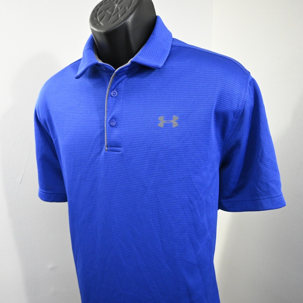 Under Armour Polo Mens Large Loose Fit Blue Short Sleeve Heatgear Textured